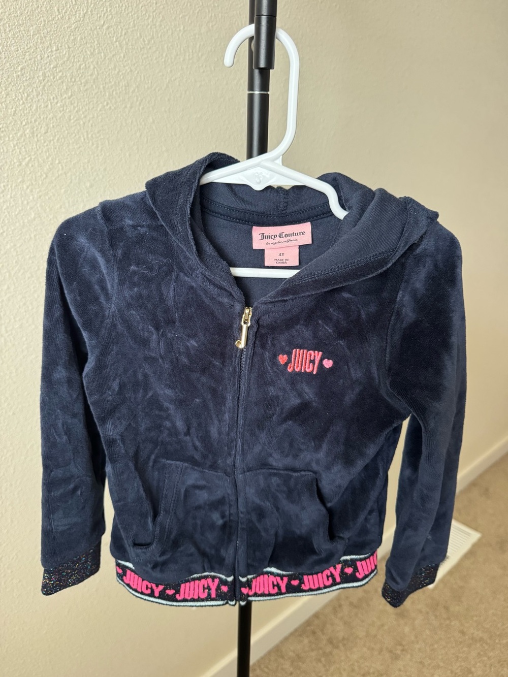Juicy Couture Kids Navy Velour Hoodie with Pink Logo Trim